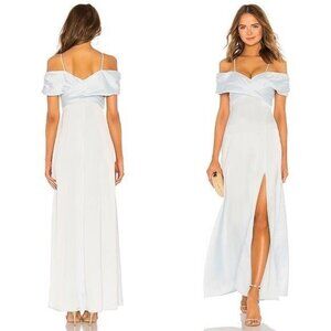 LPA Shirred Cross Front Gown Blue Maxi Dress Size Small Front Slit Ruched Sz S